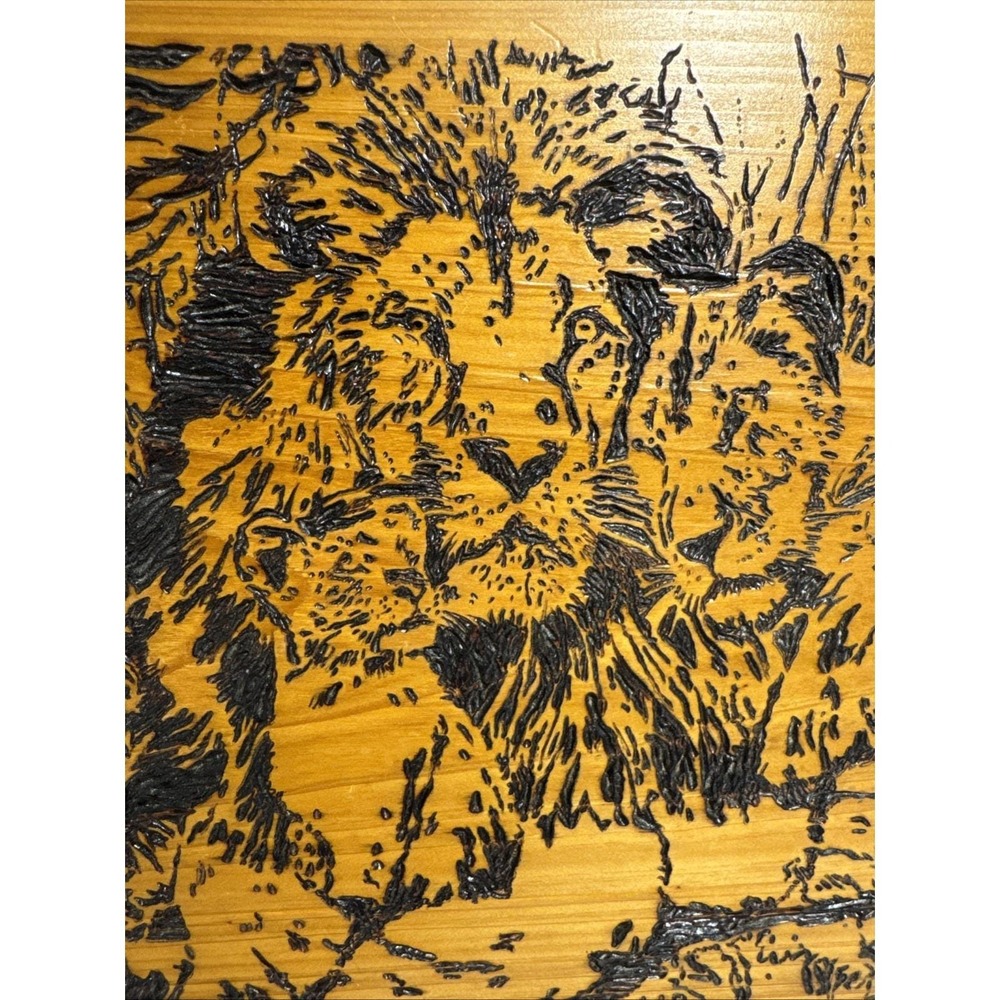 Vintage Lion Family Wood Burned Wall Art Plaque Rustic Wildlife Pyrography 15x12
